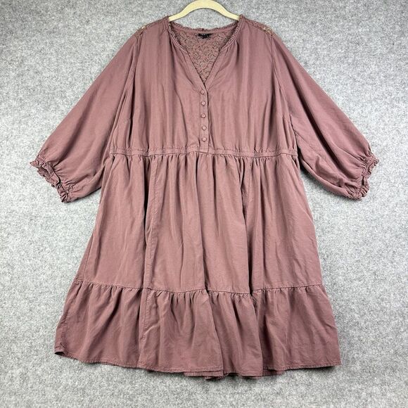 Torrid Mini Challis Ruffle Neck Shirt Dress Womens 3X Rose Taupe Pockets Lace - Picture 1 of 16